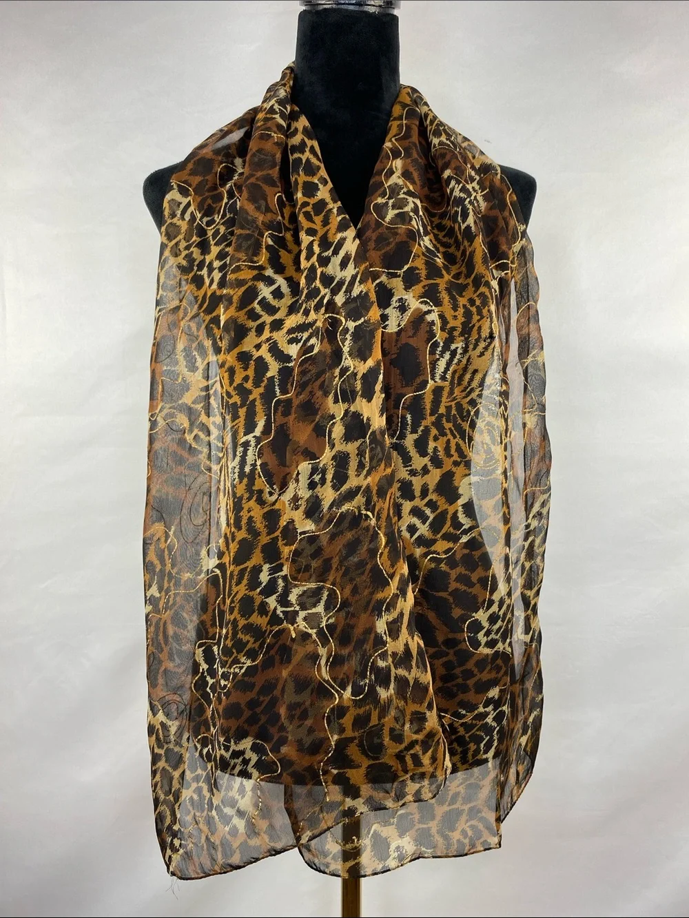 Y2K Leopard Print Sheer Chiffon Scarf Metallic Gold Swirl Art 62”X 13.5”
